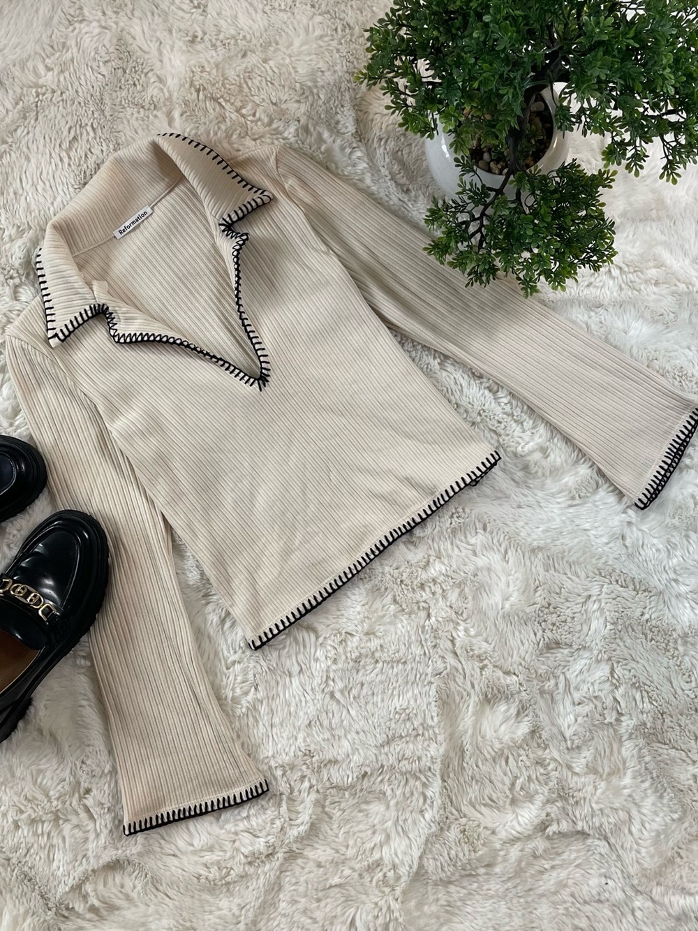 Reformation Blanket Stitch Contrast Trim Ribbed Knit Polo Top Cream Womens S